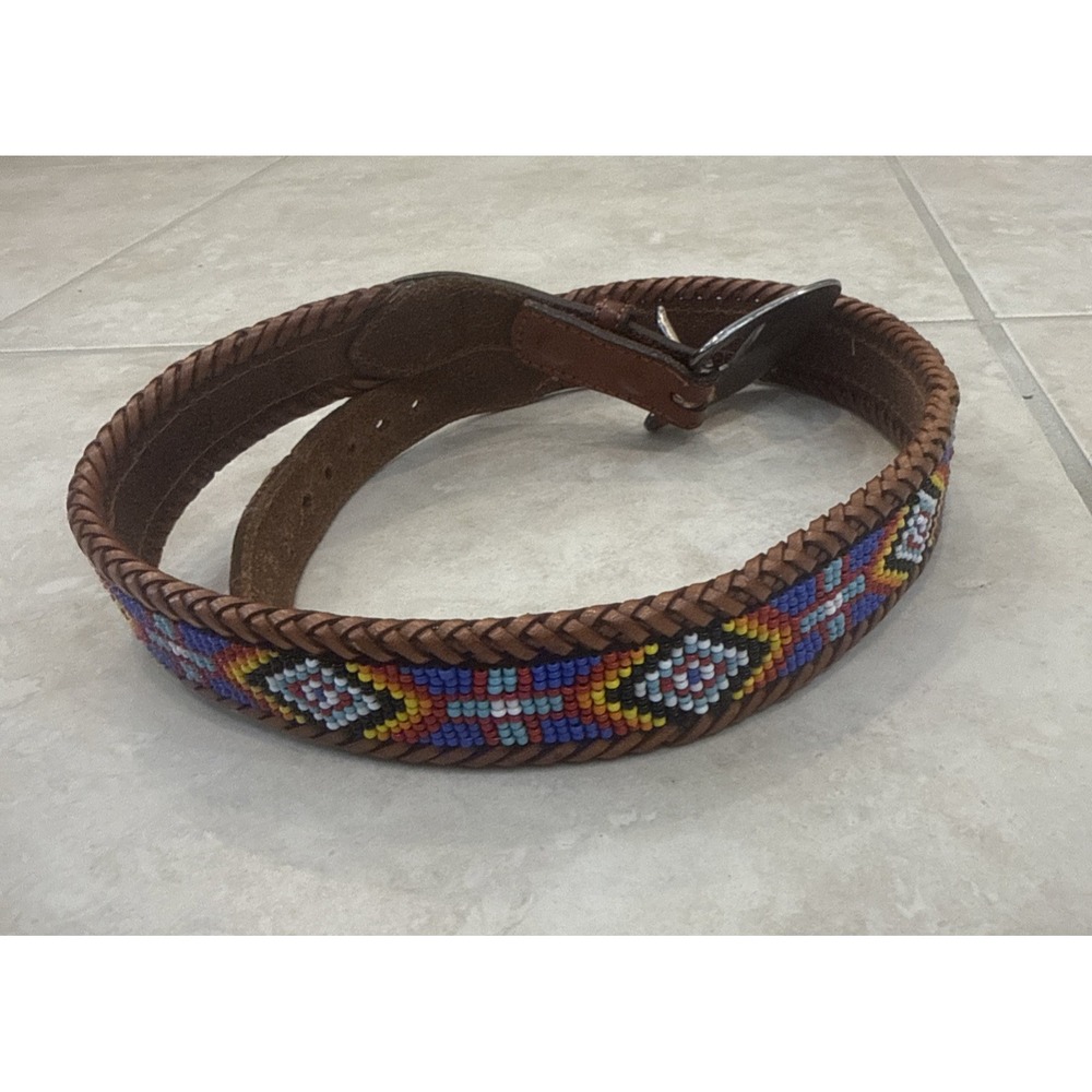 Vtg Southwestern Western Brown Leather Beaded Belt Sz 28 Native American Folk - Picture 4 of 11